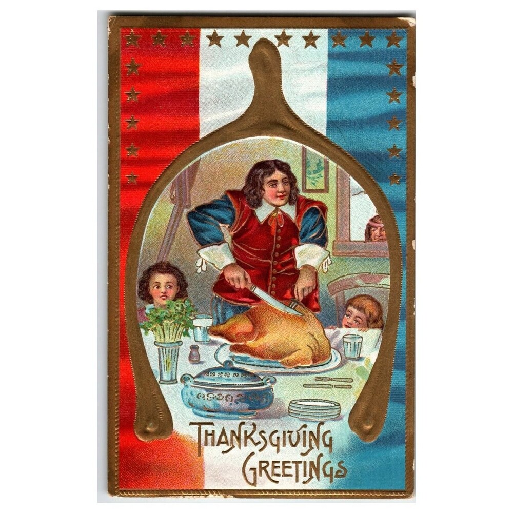1910 Thanksgiving Greetings Postcard Pilgrim Carving Turkey US Flag VT Postmark